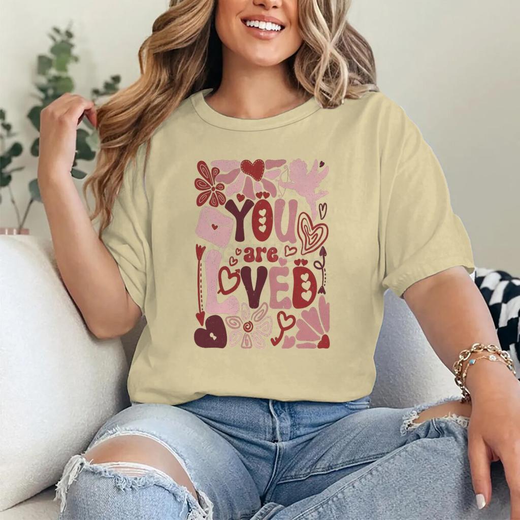 You Are Loved Graphic T Shirts Women Boho Valentine Floral Design Womens Clothing Valentines Day Heart Coquette Retro Tee Top