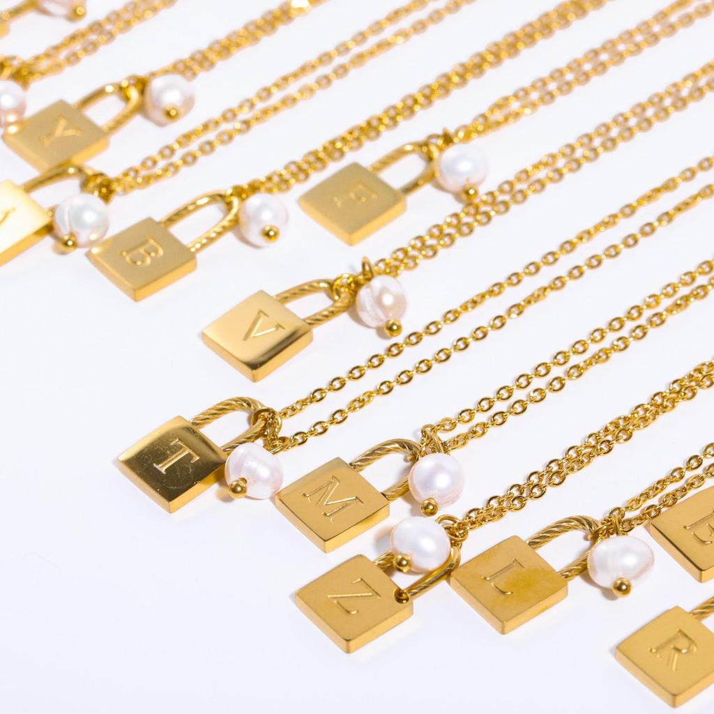18K Gold Plated Pearl & Stainless Steel Zodiac Lock Pendant Necklace