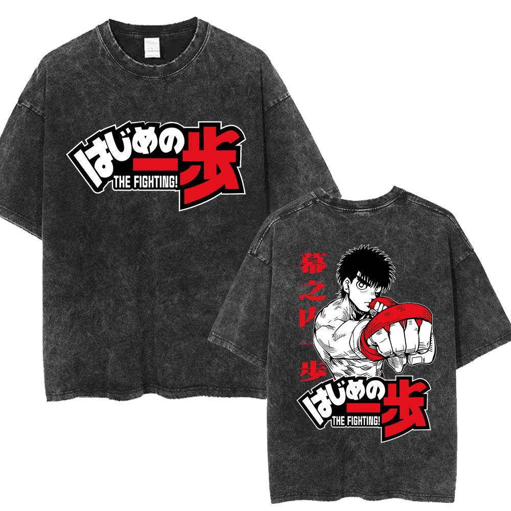 Anime Hajime No Ippo Makunouchi Vintage Washed Tshirt Takamura KGB T Shirts Kamogawa Boxing Gym Tshirt Men Manga Retro Tshirts