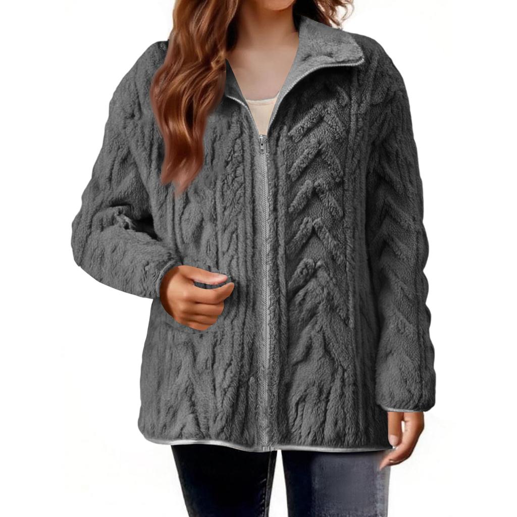 Women's Casual Zipper Knitted Stand Collar Sweater Long Sleeve Warm Coat