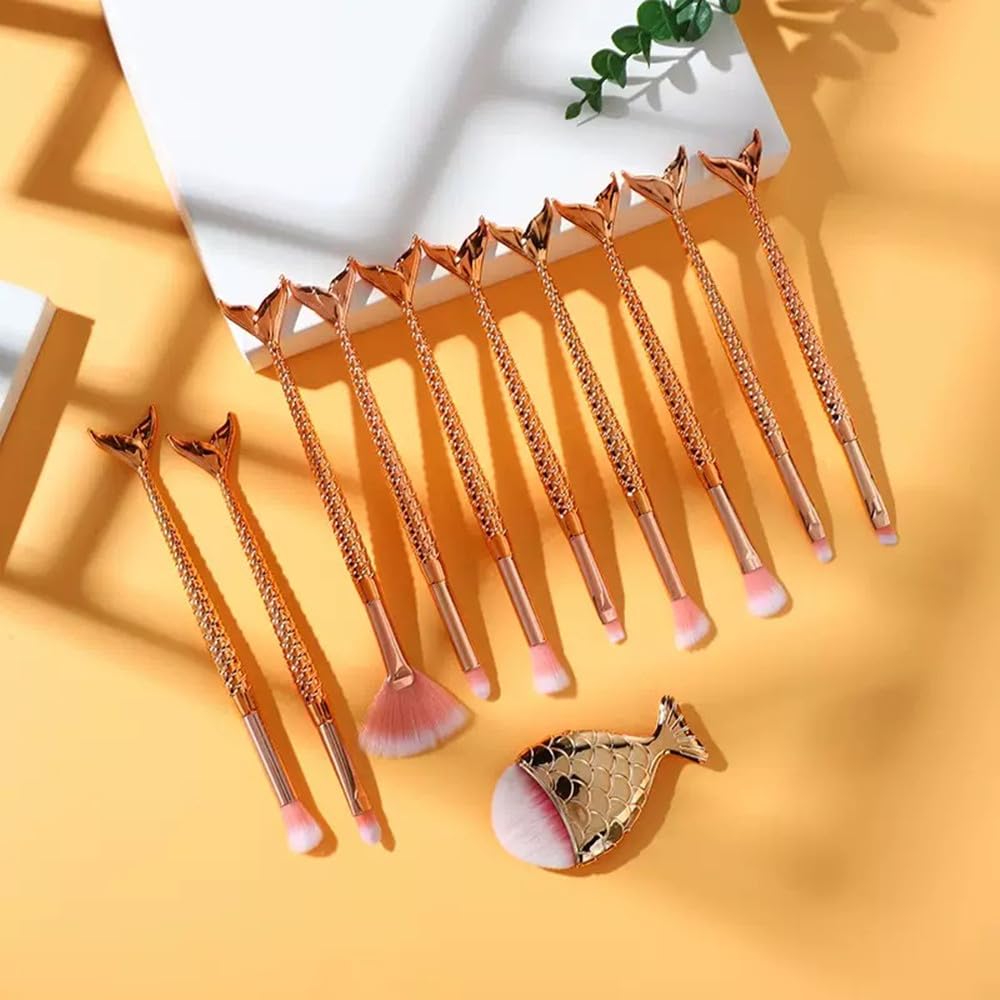 BAOQISHAN Mermaid Makeup Brush Includes Lip and Kabuki Beauty Brushes with Pink Pouch 11-Piece Set, Foundation, Powder, Cream, Eyebrow, Eyeshadow,