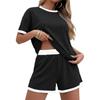 Stylish Striped Color-blocked Short-sleeved Loungewear Set For Women, Suitable For Wearing Outside.