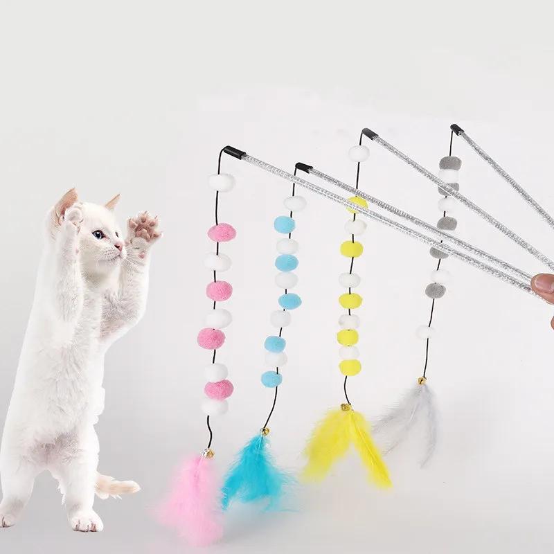 Cat Toy Wool Ball Cat Toys Interactive Teather Toys for Cats Sticks Colorful Plush Ball String Cats Toy with Bell Pet Supplies