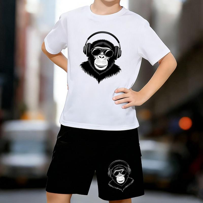 

Boys 2 Piece DJ monkey printed outfit, Short Sleeve T-Shirt and Shorts Set for Kids Age 5-14,Black,White Sporty Casual Summer Clothes 13-14 Years