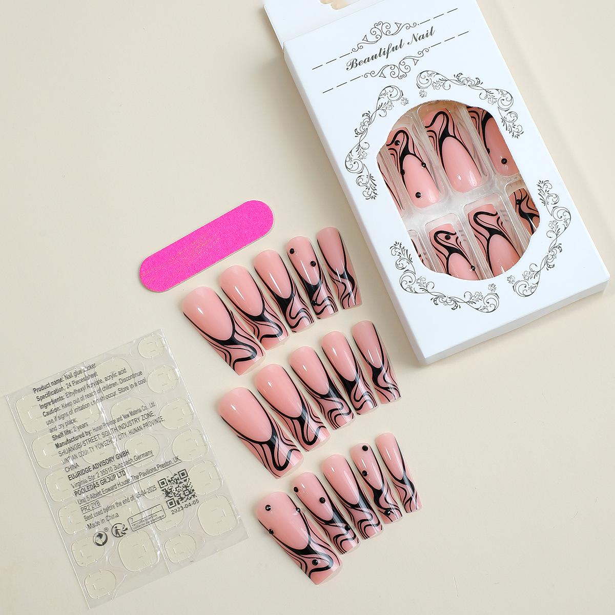 

Elegant European & American Style Longwear Water Pipe Diamond Design French Press-On Nails - Set of 24