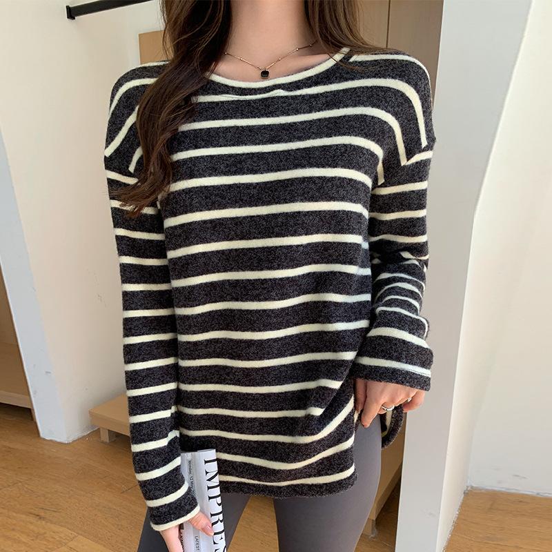 Crew neck striped polished long-sleeved shirt women's autumn and winter lazy style inner bottoming shirt loose top