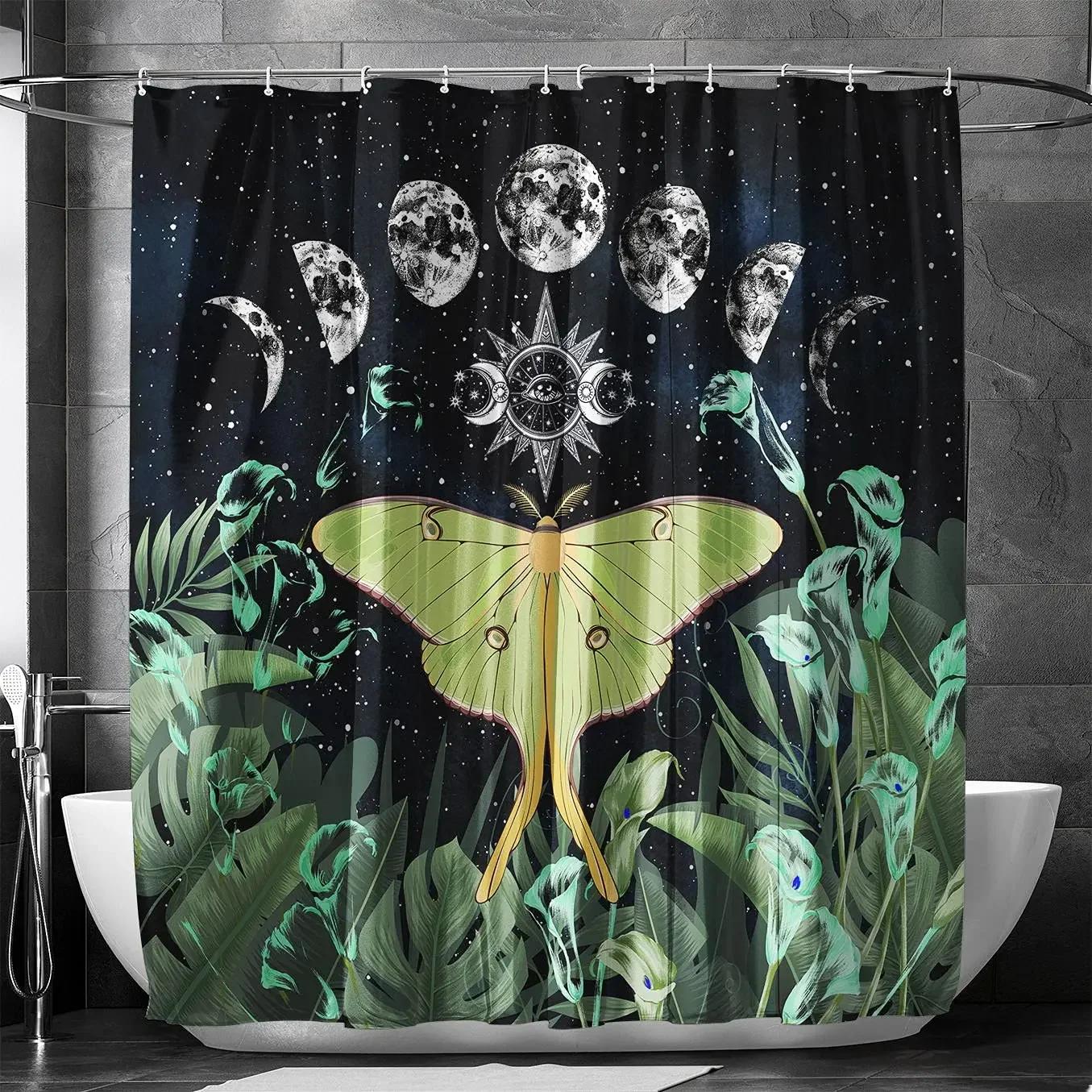 

Gold Moth Moon Phase Shower Curtain Gothic Black Butterfly Moonlit Bath Psychedelic Tarot S Room Sets Shower Curtain Set W60H190(CM)-1 Pcs