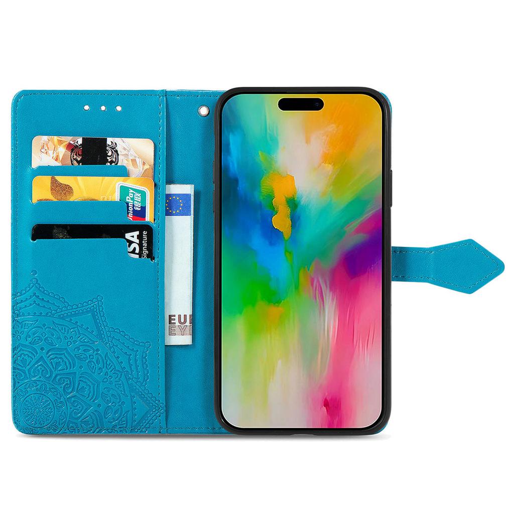 For iPhone 16 Case Embossed Mandala Pattern Leather Phone Cover Wallet Card Slot Holder