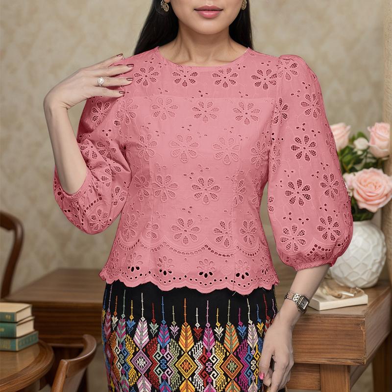 

ZANZEA Женская летняя повседневная блузка с рукавом 3/4, ажурной вставкой, вышивкой и крючком 3XL розовый