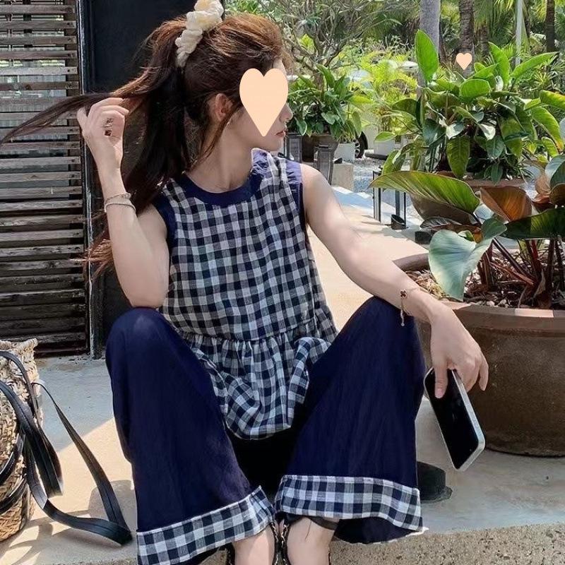 Plaid Sleeveless Vest & Wide-Leg Pants Summer Set for Women - Cotton Two-Piece 2XL