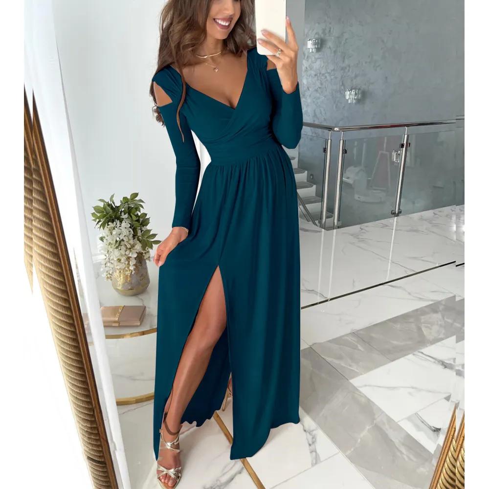 Vestito casual da festa multiuso con spacco lungo, a maniche lunghe, scollo a V, tinta unita, da donna