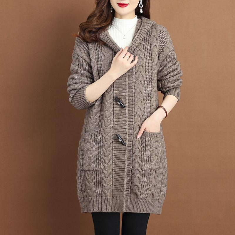 Spring Autumn Thick Sweater New Style Knitted Outerwear Women's Cardigans Medium Long Hooded Cardigan Sweater Coat