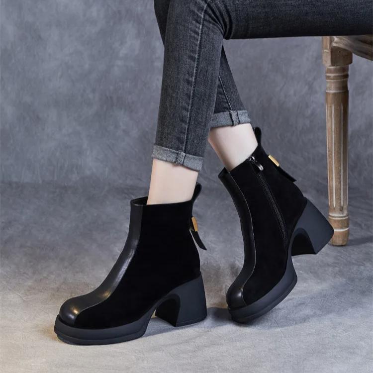 Johnature Stivali alla moda con tacco alto per donna, stivali Chelsea in vera pelle con tacco spesso e bassi in pelle di mucca