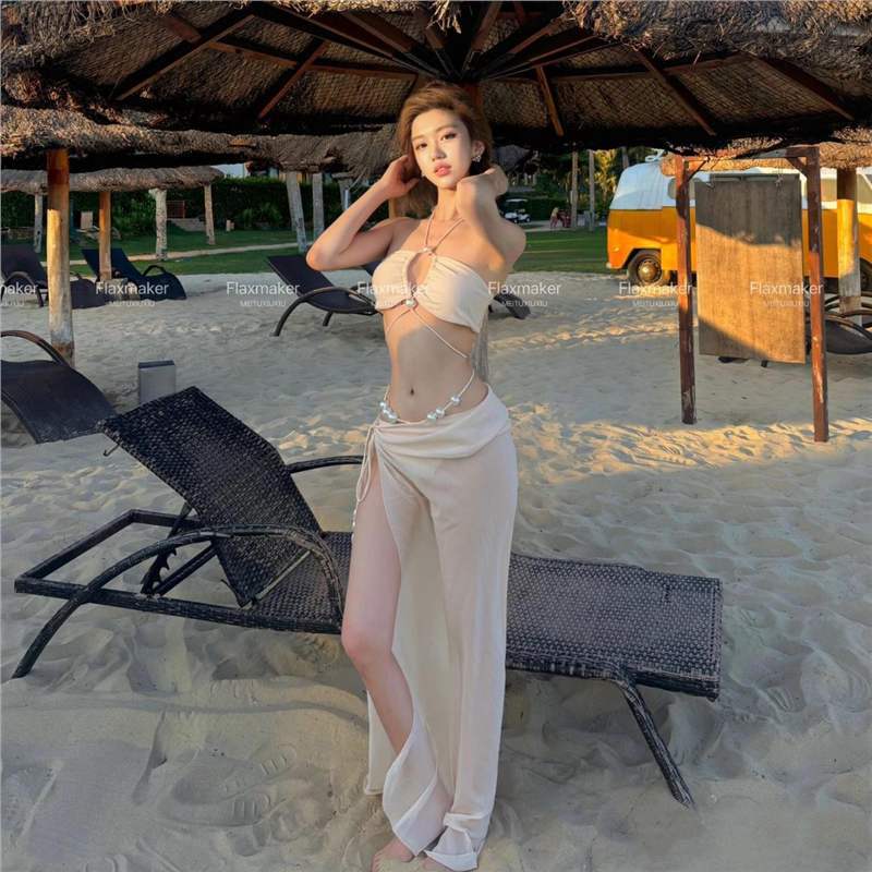 Island vacation pure desire sexy tube top pearl straps premium bikini split long dress three-piece swimsuit