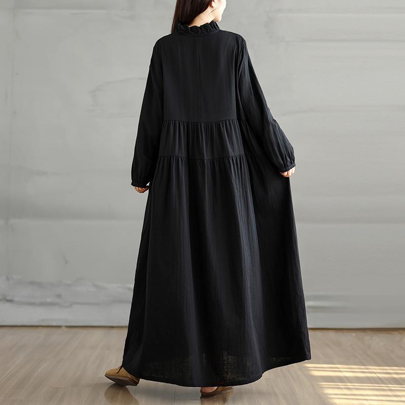 DIMANAF 2025 Women Plus Size Autumn Long Dress Loose Vintage Casual Oversize Long Sleeve Maxi Vintage Dress Black