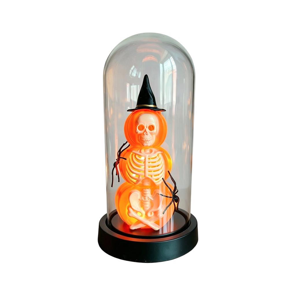 Halloween Pumpkin Skeleton Figurine Decoration Under Glass Dome with Spider Accents Battery Operated Halloween Scene Prop for Seasonal Display
