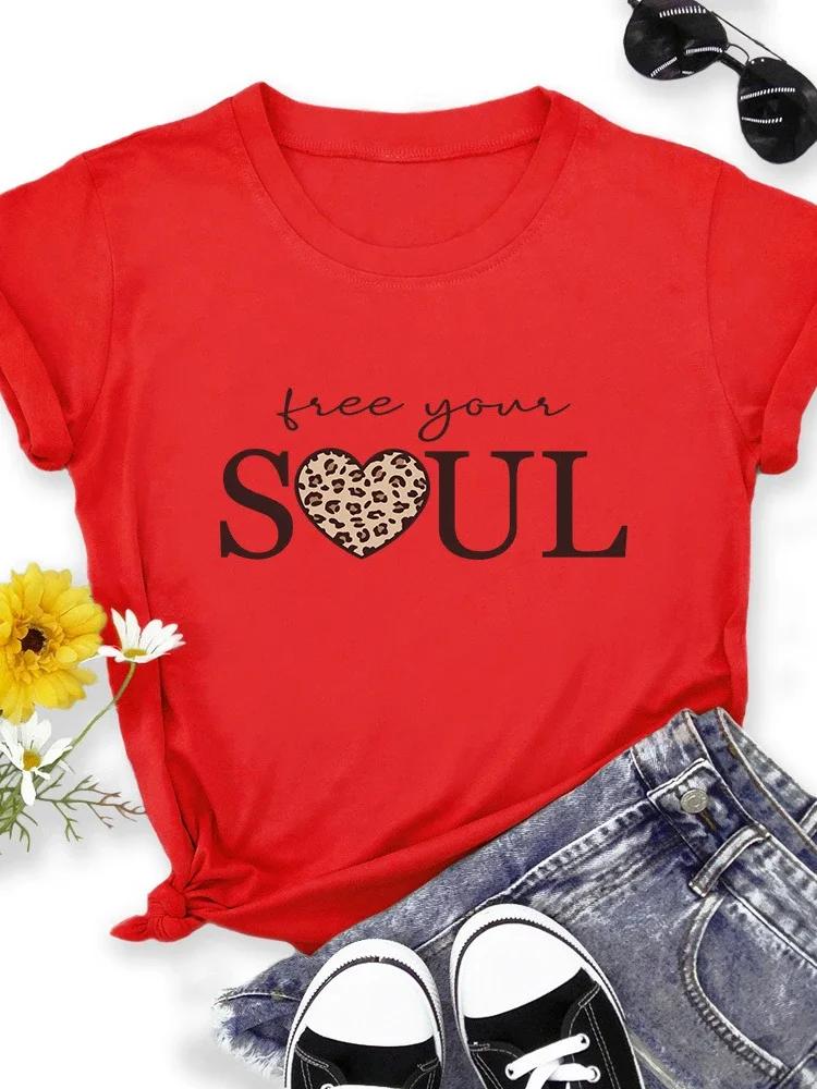 Free Your Soul Leopardhjärta Tryck Dam T-shirt Kortärmad O-ringning Lös Dam T-shirt Dam T-shirt Toppar Camisetas Mujer
