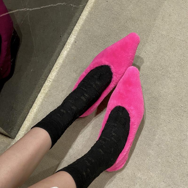 Fashion Fashion Pointed Toe Fur Ballet Flat Woman Winter Warm Plush Shallow Loafer Ladies Concise Furry Heeled Dress Shoes Zapatos Mujer