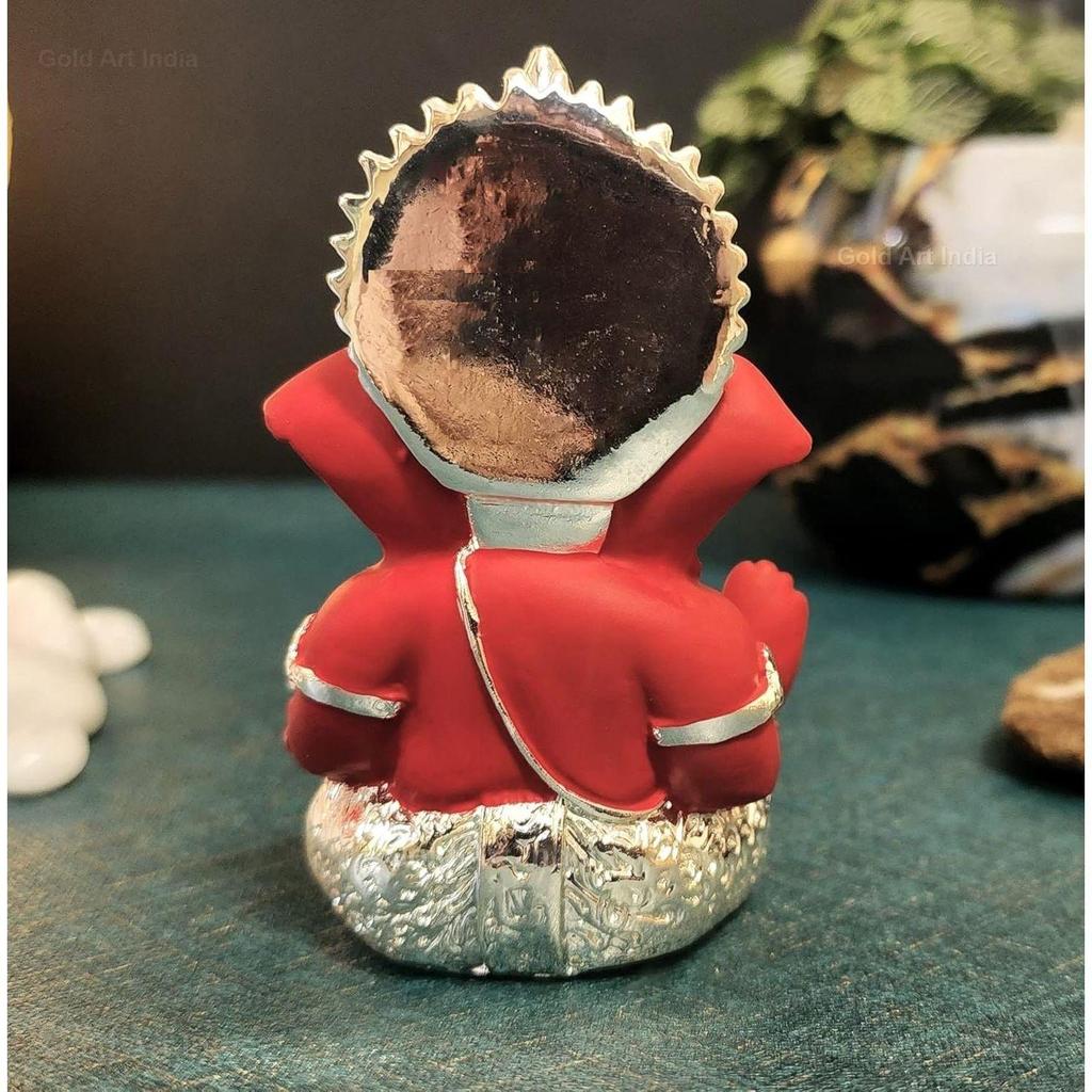 Silver Plated Ganesh Idol for Car Dashboard God Ganesha Idol for Home Decor Ganpati for Gift 3.5 Inches  (MukutSilver Red), Idol