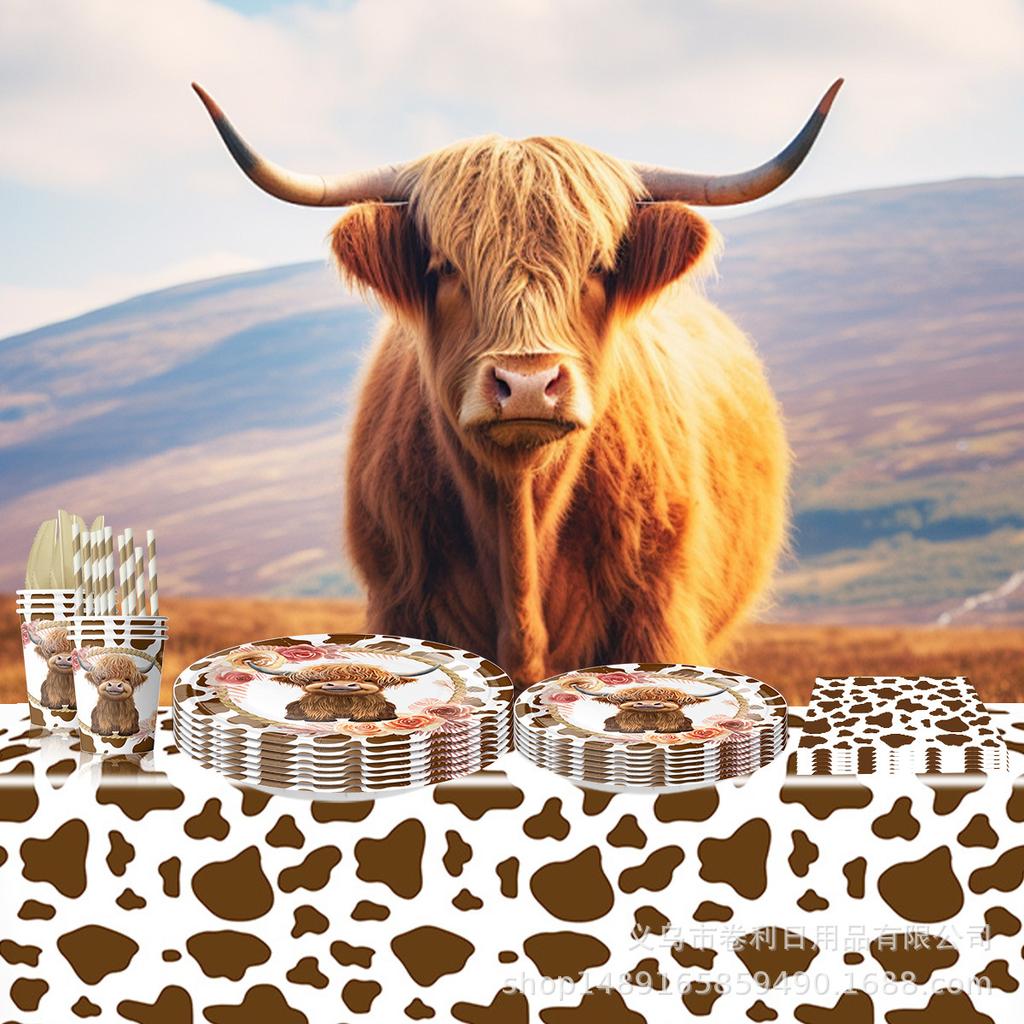 Highland Cow Themed Birthday Party Supplies Cute Cow Head Tissue Paper Plate Paper Cup Animal Disposable Tableware Gifts