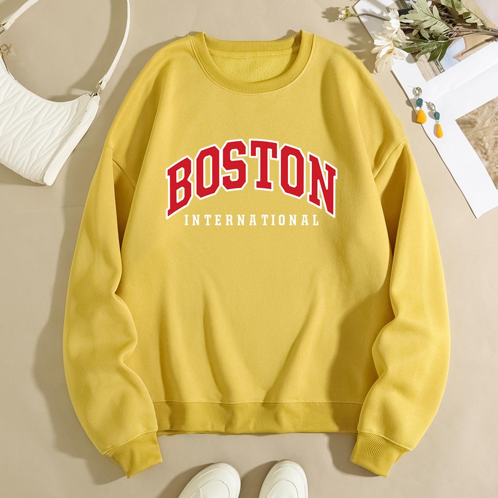 Autumn Letter "Boston International" Printed Hoodies Fashionable Casual Classic Sports Long Sleeved Women's Hoodies