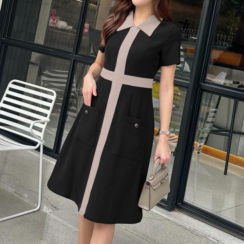 ZANZEA Women Casual Splice Turn Down Collar Loose Short Sleeve Dress S чёрный
