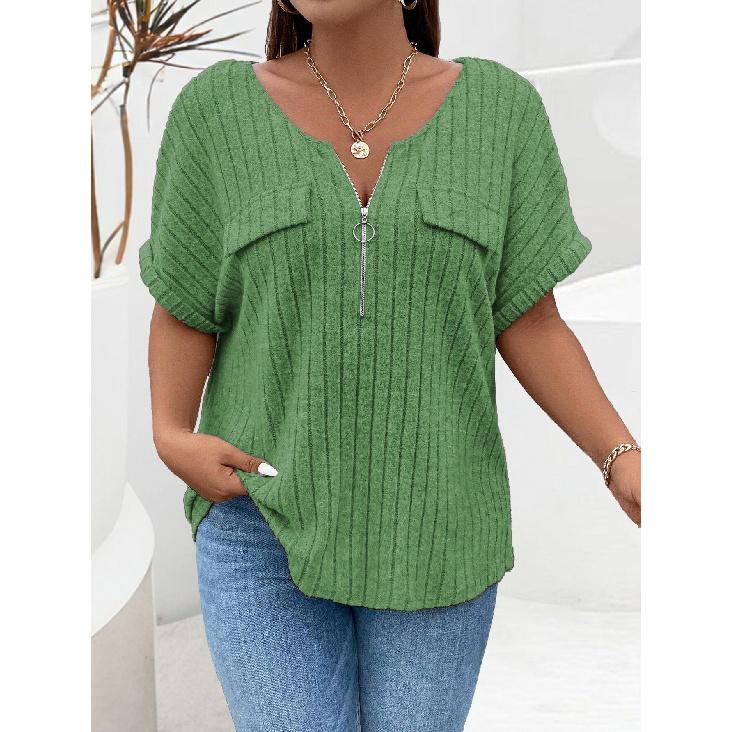 2026 Spring/Summer New Plus Size Solid Color Women's V-Neck T-Shirt Loose Top with Zipper Short Sleeves and Faux Pockets