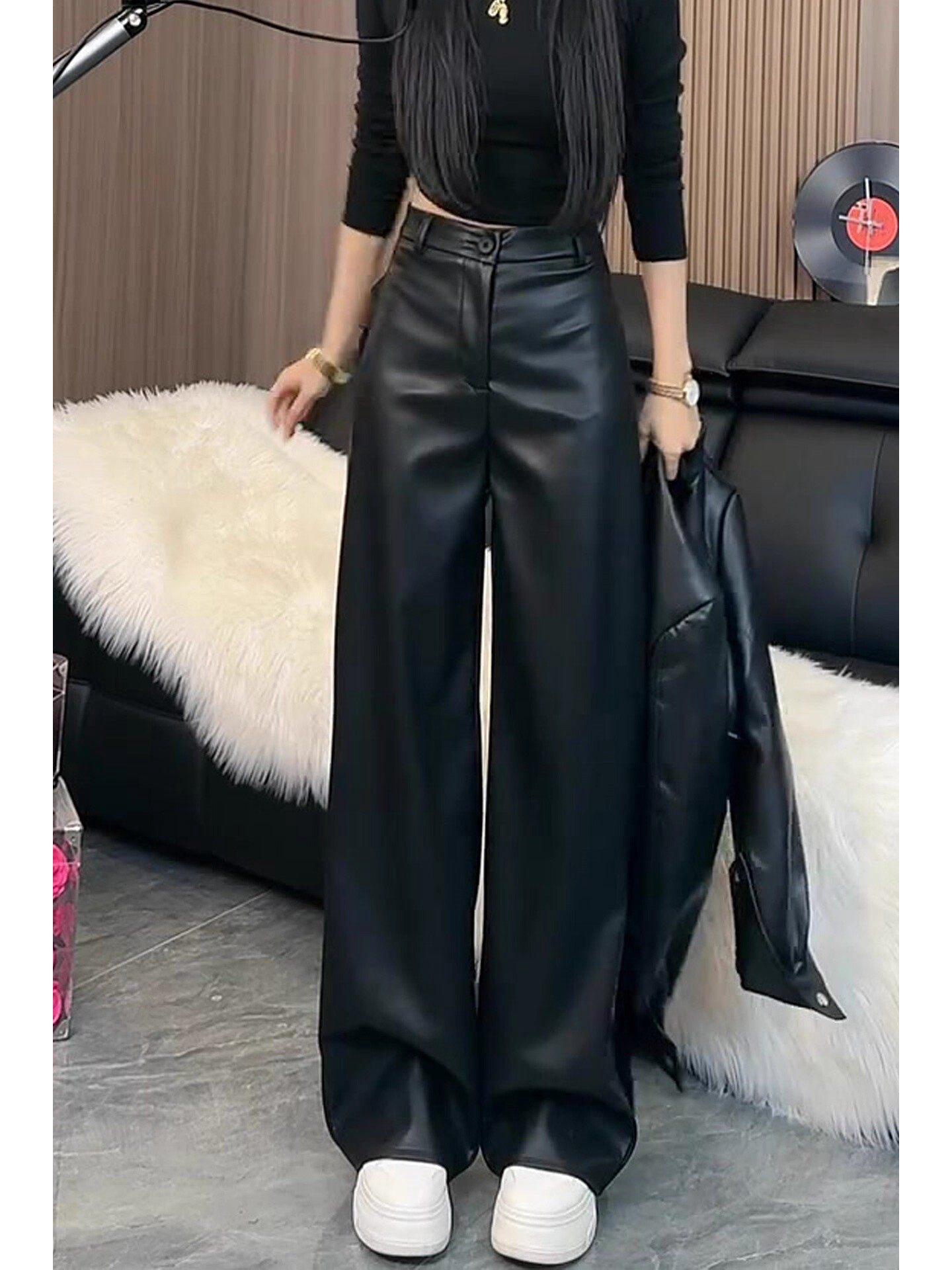 

Plus Size Women s Retro Brown High Waist Wide-Leg PU Leather Pants - Autumn/Winter M