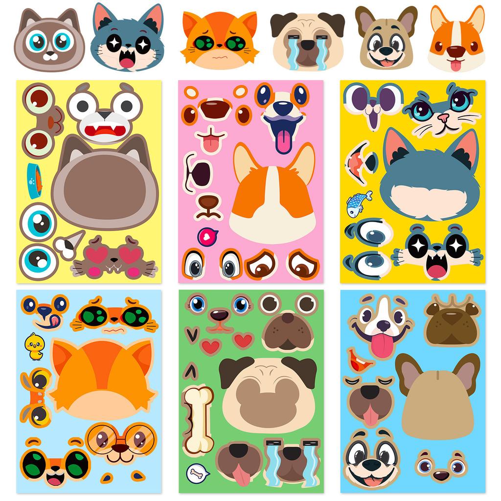 6 Photos/package Cat and Dog Face Change Stickers DIY Face Change Puzzle Stickers Make A Face Toy Waterproof Stickers
