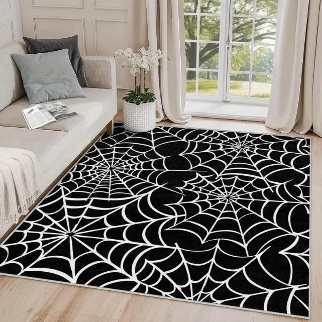 Gothic Skull Floral Pattern Area Mat Non-Slip Rectangle Floor Mat for Indoor Outdoor Garden Patio Handmade Polyester Decorative