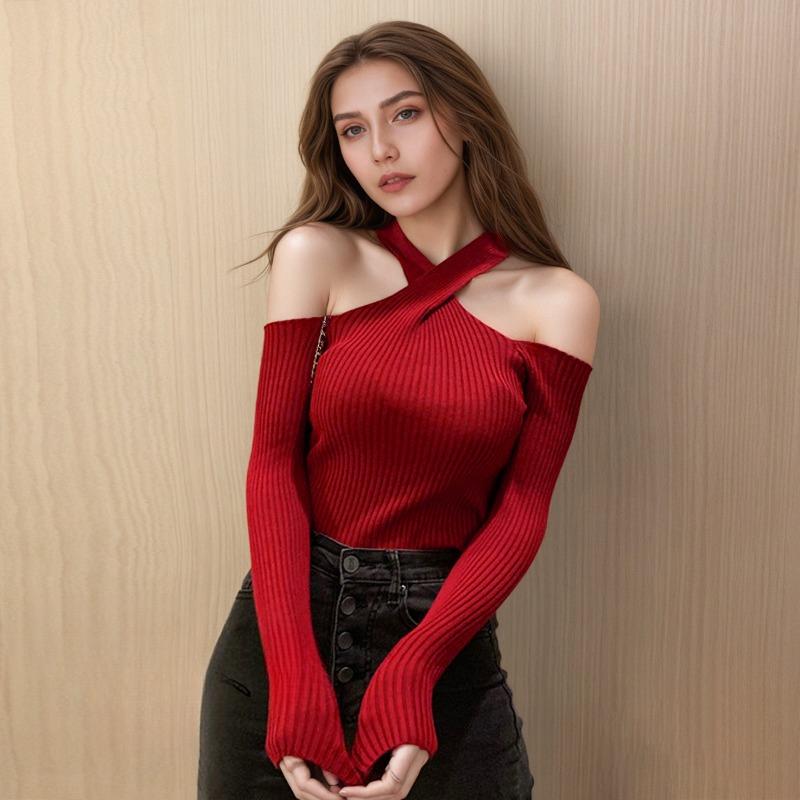 

Женский трикотаж с бретелькой через шею, темперамент, весенний, сексуальный, утягивающий, пряный, короткий, с длинными рукавами, базовый топ One Size бордовый