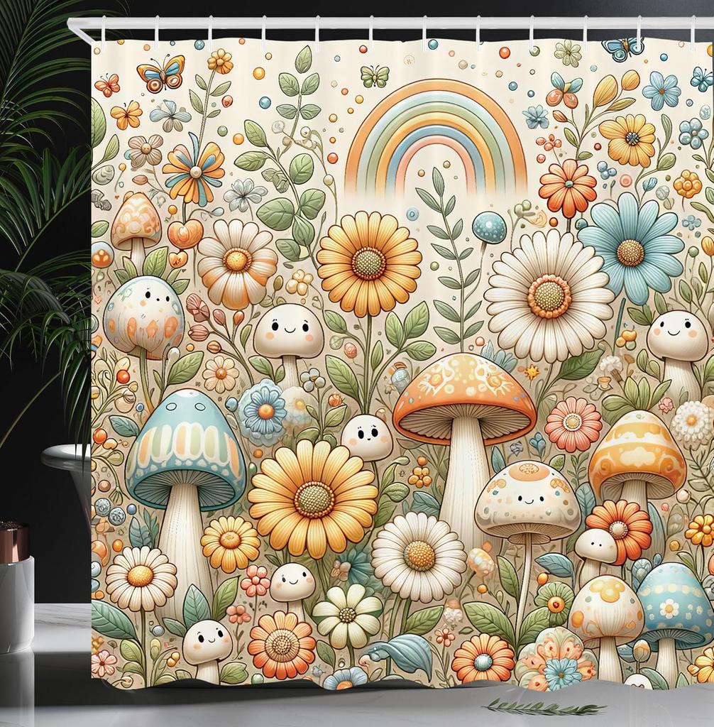 Hippie Shower Curtain, Daisy Look Flowers on Abstract Groovy Style Waves Retro 60s 70s Vibes, Cloth Fabric Bathroom Decor Set