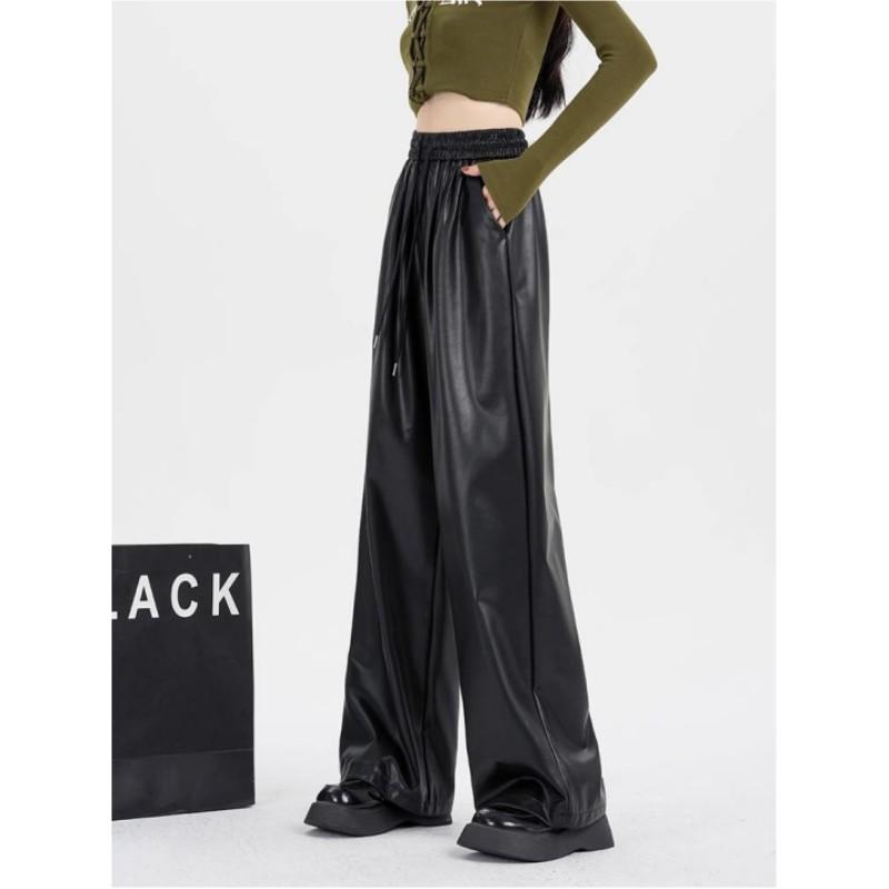 Women's Spring and Autumn Solid Color PU Leather Pants High Waist Loose Casual Long Pants