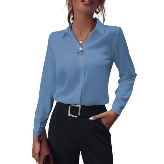 

Жіноча сорочка з лацканами з довгим рукавом і штучним перламутром, однотонна сорочка, проста легка блуза. XXL небо синє кольору