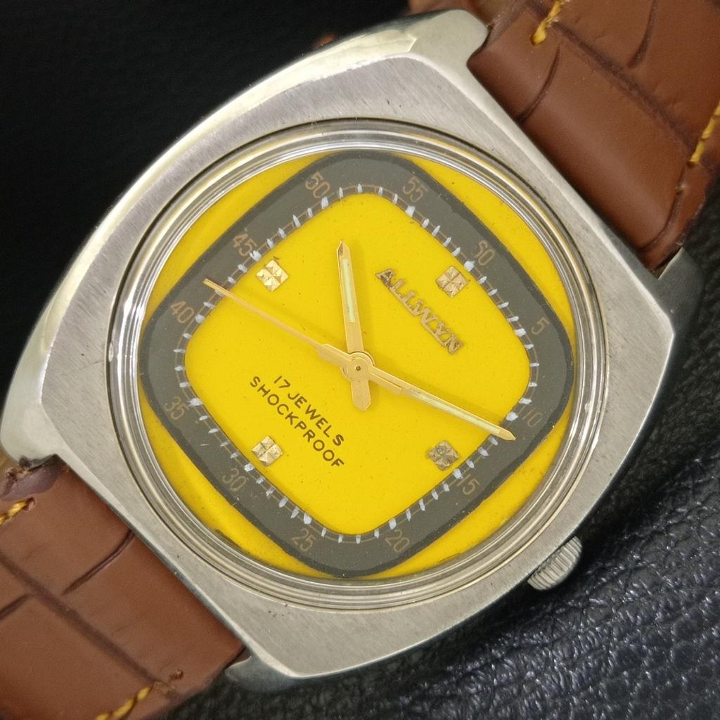 

ALLWYN HAND-WINDING 6300A VINTAGE INDIA MENS YELLOW COLOR DIAL WATCH a704003-1 R213h-a704003