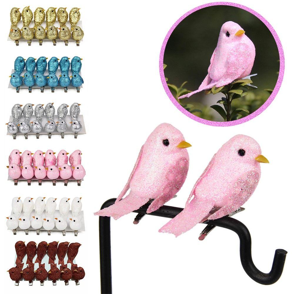 12PCS Multicolor Artificial Birds Gold Powder with Clips Faux Bird Photo Props Foam Simulation Bird Model Landscape Making
