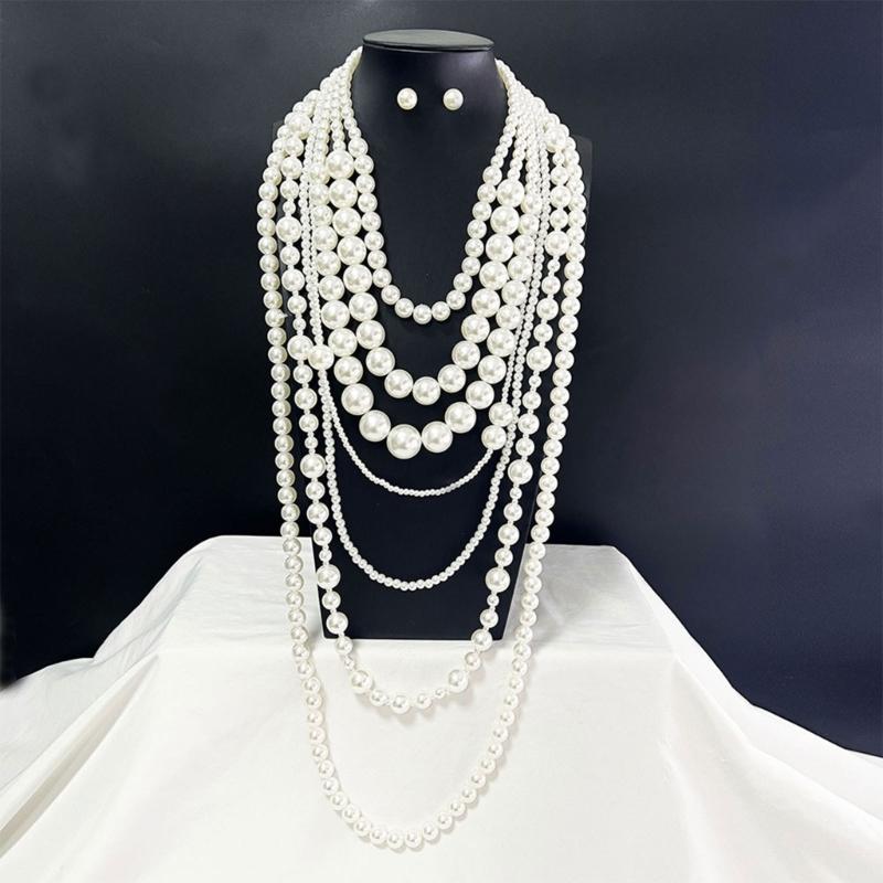 Elegant Multi Strand Imitation Pearls Chokers Necklace With Matching Stud Earrings Gift Set Vintage Fashion Stone Jewelry