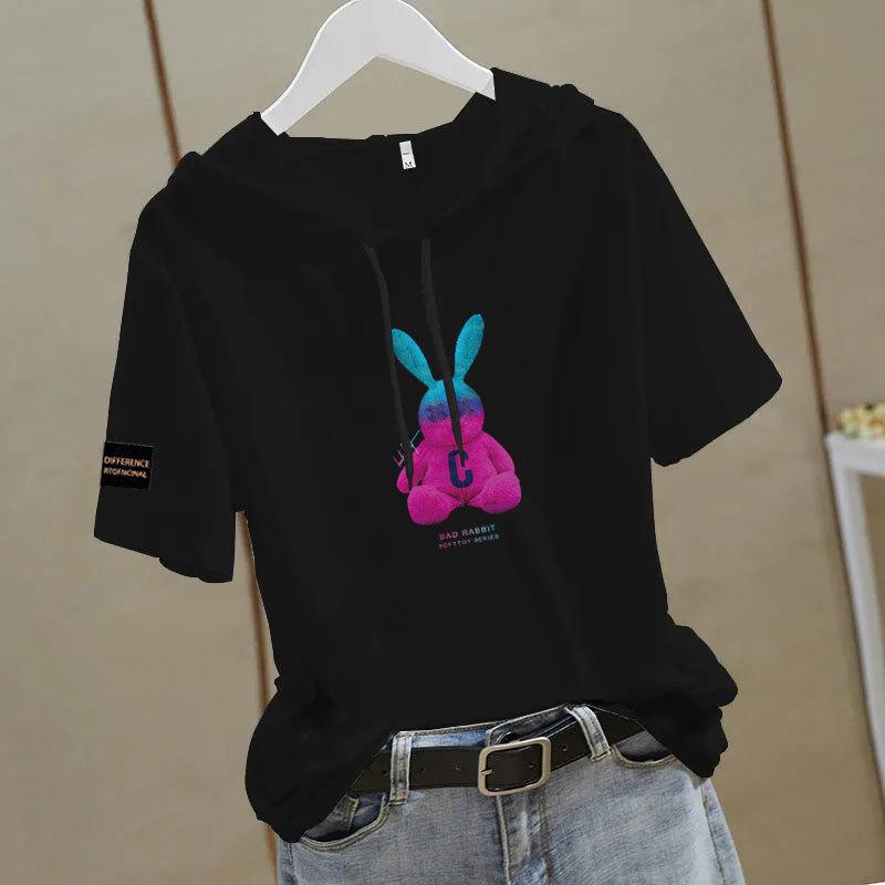 100% Cotton Ethnic Style Hooded Loose Short Sleeve Women's T-shirt - Summer Casual Versatile Top