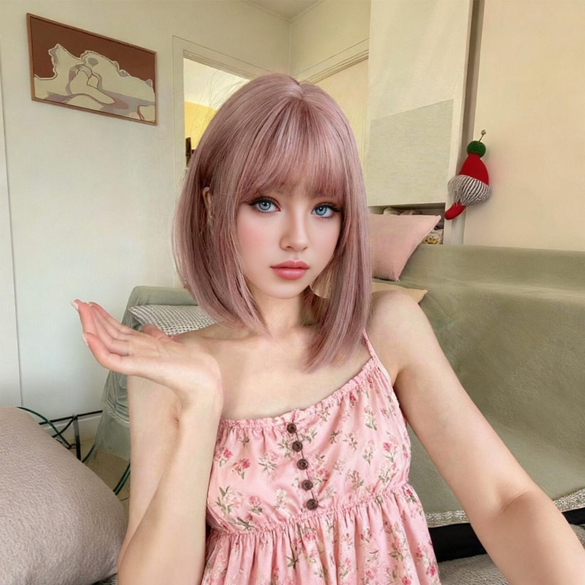 

Light Pink 12inch/31cm Shoulder-Length Straight Wig with Air Bangs White Bow Synthetic for Daily Cosplay
