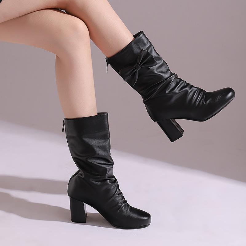 Women's High-heeled Boots Autumn and Winter New Thick-heeled Solid-color Large-size Medium Boots