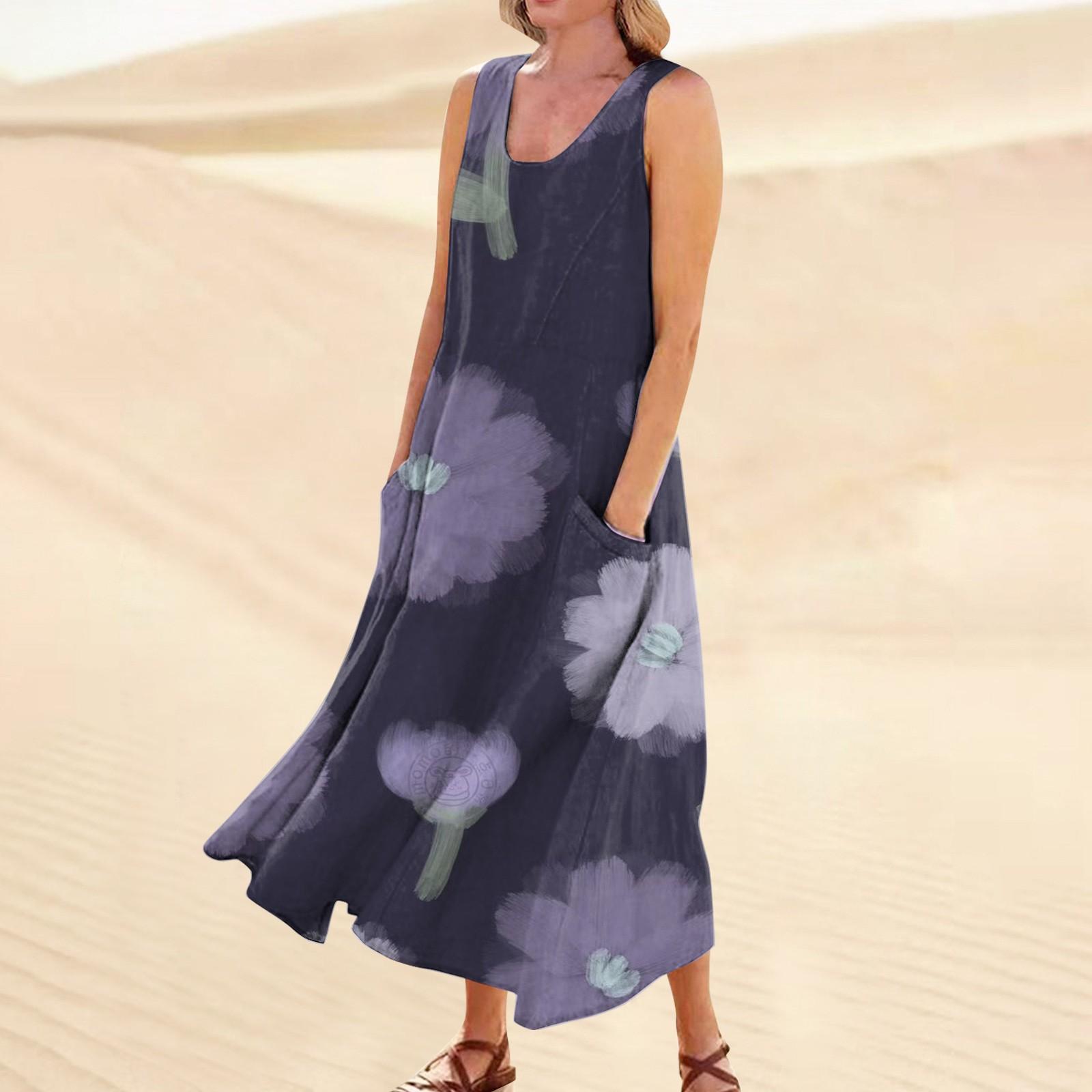 

Жіноча повсякденна зручна бавовняна сукня з кишенями без рукавів із квітковим принтом L