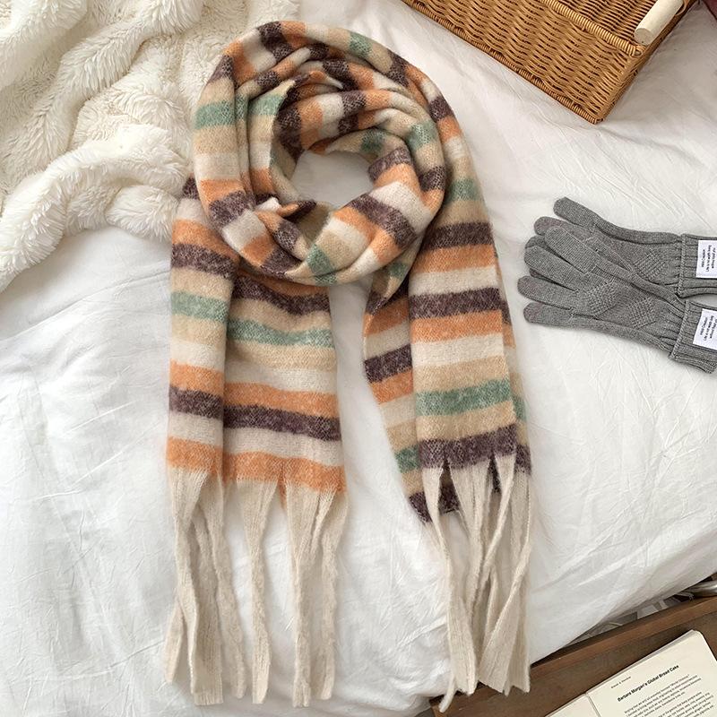 

Scarf women s winter high-end sense new couple thickened warm color striped scarf scarf shawl