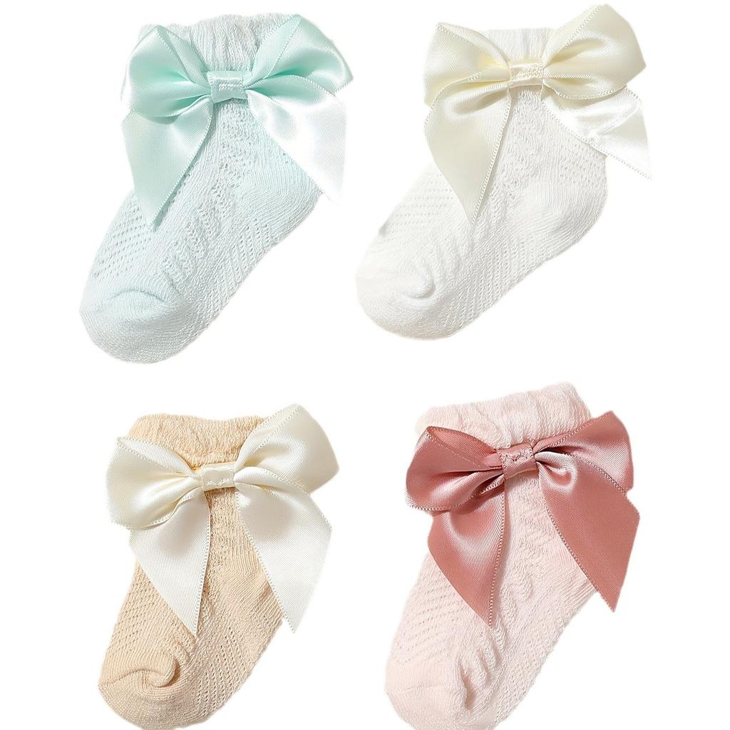 Four Pairs of Summer Baby Socks Mesh Tube Socks Girls Bow Decorated Socks