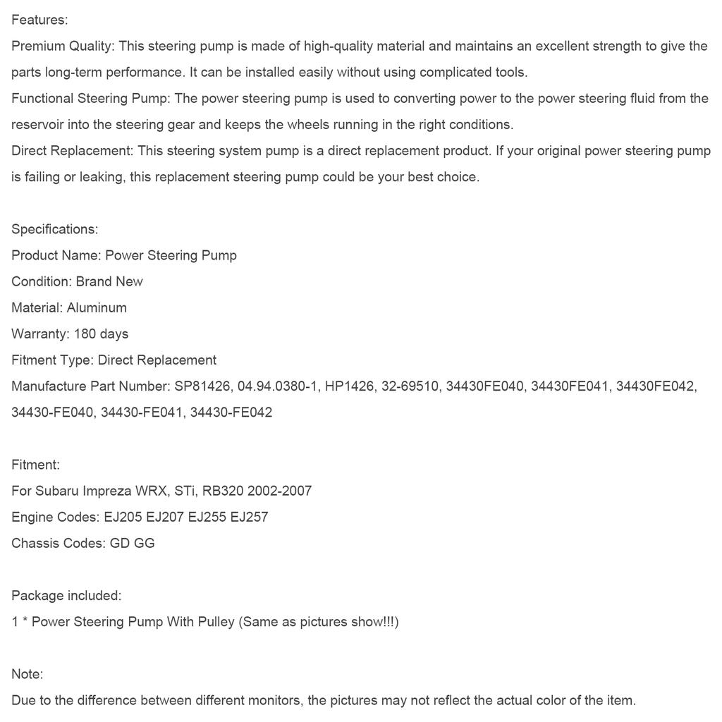 Power Steering Pump 34430FE040 Fit Subaru Impreza WRX STI 2002-2007 W/ Pulley
