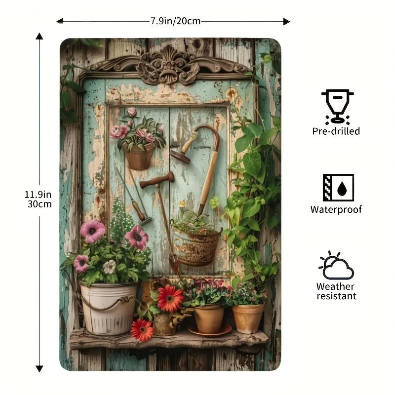 Vintage Floral Metal Tin Sign,Rust-Proof & Waterproof Iron Wall Art, Rustic Garden Scene with Gardening Tools Library Decor