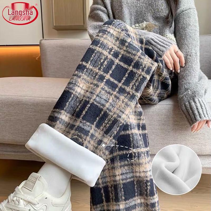 Lansha Women's Winter High-Waist Fleece-Lined Plaid Wide-Leg Pants