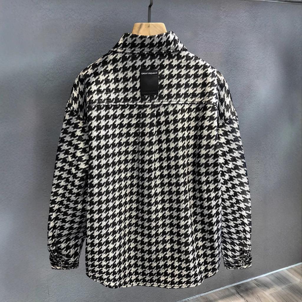 Retro Houndstooth Shirt Jacket for Men's New Casual Lapel Jacket