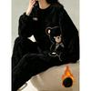 Winter Women's Warm Pajama Set, Cute Bear Pattern Casual Loungewear Set