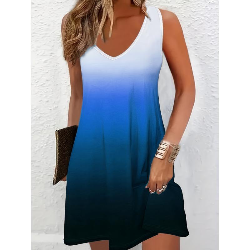 Vestito con Stampa a Gradiente Taglie Forti Vestito Canotta con Scollo a V per Vacanze Primavera & Estate Abbigliamento Taglie Forti Donna Vestito Senza Maniche