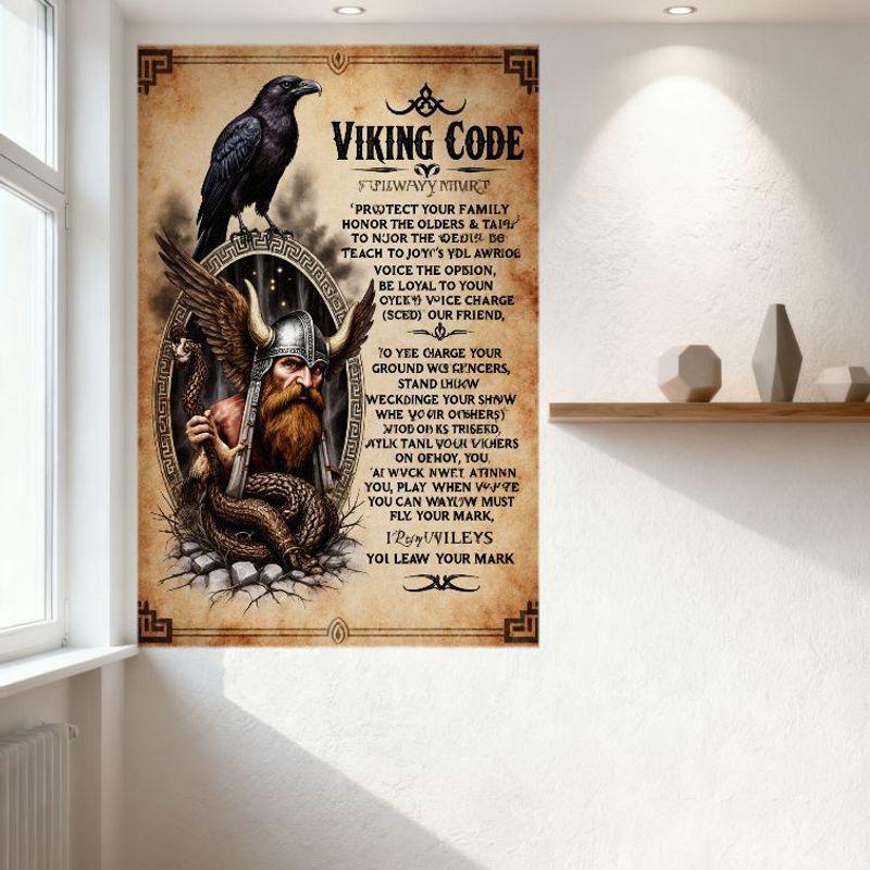 Viking Code Vintage Metal Tin Sign - Nordic Warrior Bearded Viking with Raven Helmet Snake Arm Rules Poster for Man Cave Home De